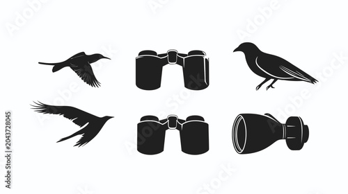 Black and white illustration featuring bird silhouettes and various views of binoculars