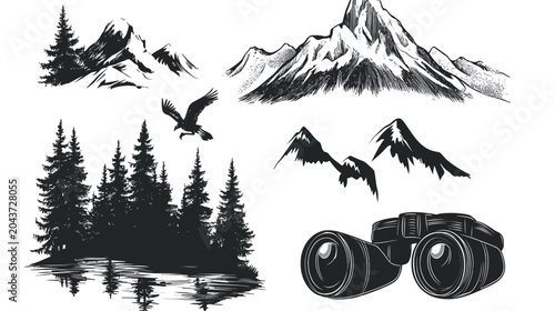 A collection of outdoors themed illustrations mountain range, trees, eagle, lake reflection, and binoculars