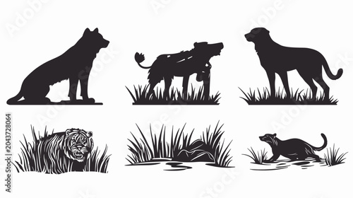Silhouettes of various animals set against a white background, some in tall grass