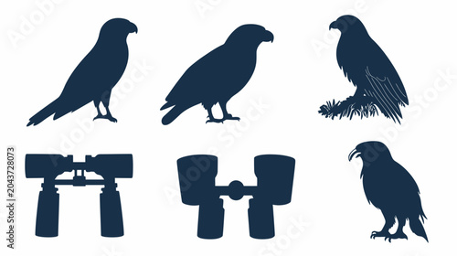 Silhouettes of birds of prey and binoculars on a white background, dark blue shapes