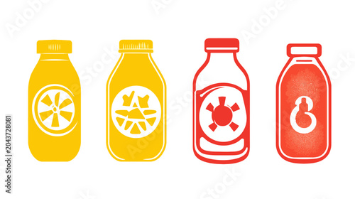 Four colorful drink bottle illustrations with fruit or abstract designs inside, against a white background