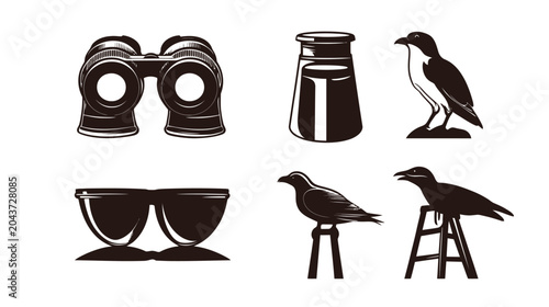 A collection of six graphic illustrations including binoculars, a flask, bird outlines, and sunglasses