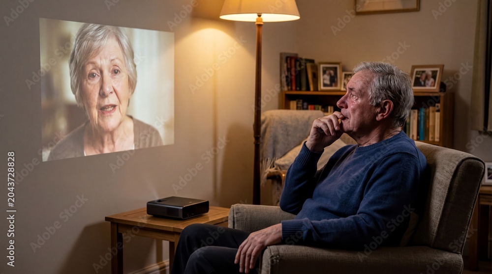 Fototapeta premium virtual mourning experience, an elderly man in a cozy living room shares an emotional moment with an ai avatar of his late wife