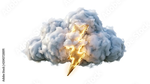 A fluffy white cloud with a glowing golden lightning bolt striking down, isolated on a white background, representing weather, storms, energy, power, nature, climate, electricity, and intensity.