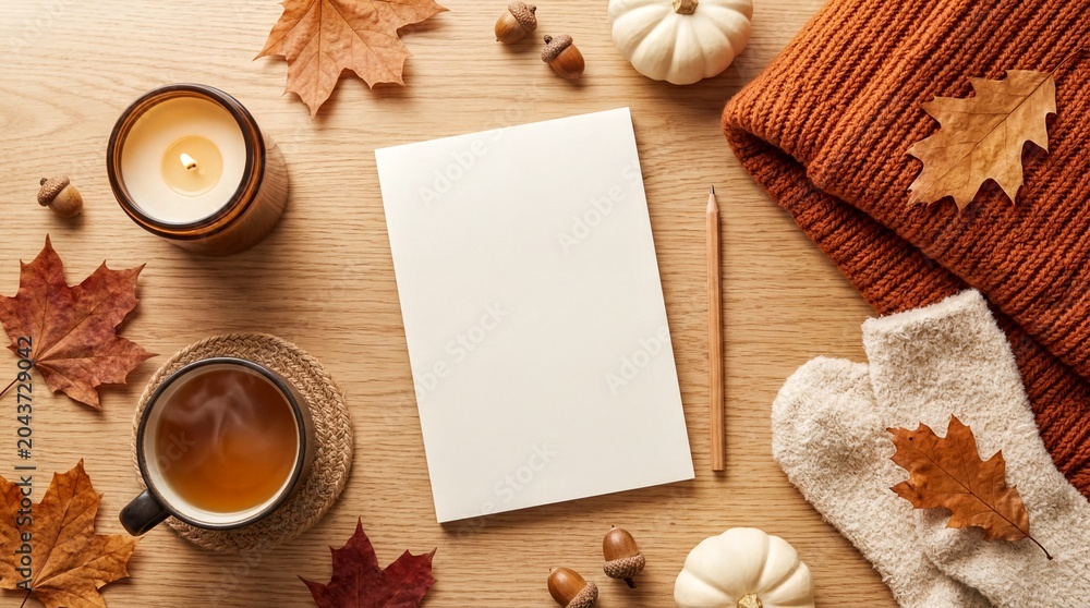 Obraz premium seasonal planning ideas, a cozy arrangement featuring an autumn bucket list notepad, candle, and tea