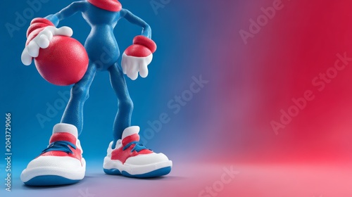 Close up sporty mascot legs and sneakers with ball on red and blue gradient for athletic banner and product background with dramatic studio lighting