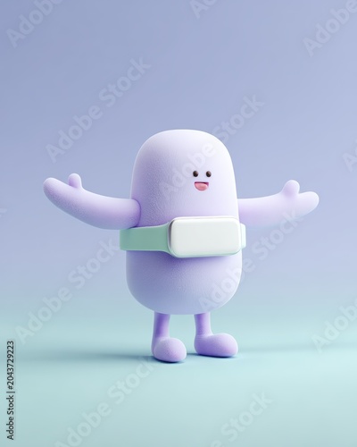 Calm playful soft 3d mascot wearing a blank smartwatch for app interface background and wearable device mockup