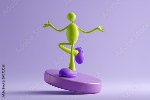 Colorful green mascot balancing on a purple coin platform for playful banner background and product hero design