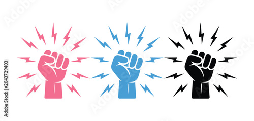 Schilderij op canvas Fist knocking impact icon set, hand hit gesture outline in red blue black variat