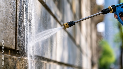 Medium shot of ecofriendly facade cleaning on limestone exterior with purified water spray background softly blurred highlighting sustainable restoration and natural daylight