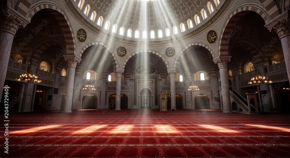 Obraz premium Interior of a large mosque with sunbeams shining through the dome onto the red carpeted floor and arched columns