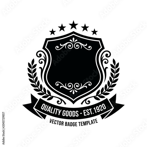 Elegant black and white vector badge illustration featuring a decorative shield emblem with laurel wreaths and five stars designed for professional branding and quality product labels
