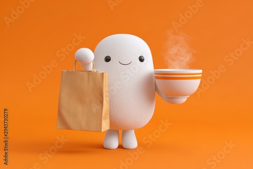 Cute 3d mascot holding a blank takeaway bag and steaming bowl for food delivery and restaurant promotional background design