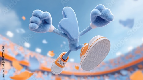 Low angle closeup of an energetic cartoon fan mascot jumping with foam hands in a stadium for poster and banner design