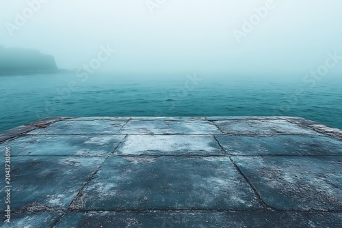 A rugged textured concrete pier extends towards a vast, misty ocean with distant rocky cliffs