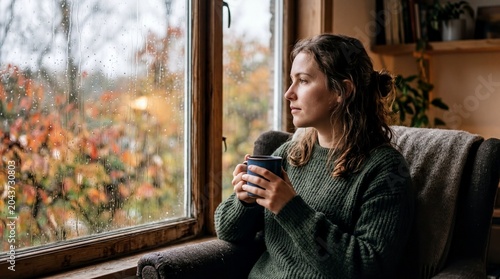 emotional wellness, a contemplative woman sits by a rainy window, cradling a warm drink