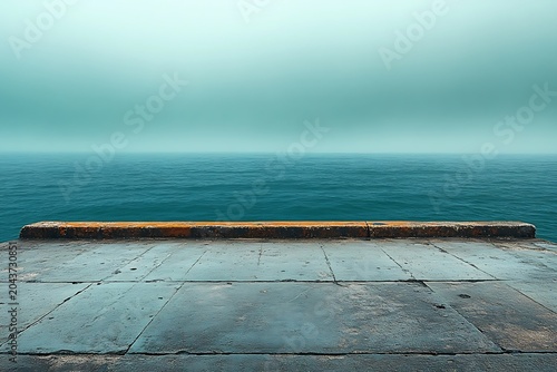 A long weathered concrete pier extends into a calm, tranquil ocean under a soft hazy turquoise sky