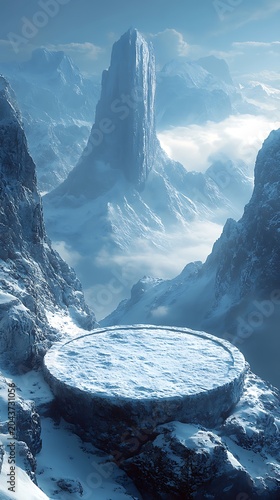 A circular snow covered platform sits amidst towering icy peaks and a dramatic frozen monolithic structure