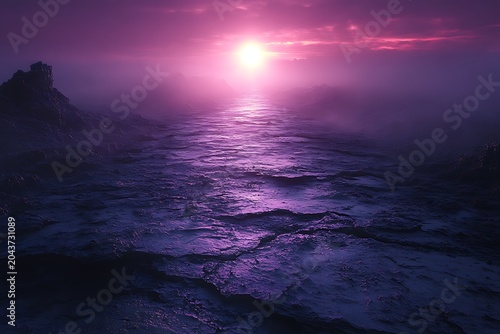 Vast purple and blue alien landscape with a radiant sun illuminating distant mountains