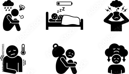 Fatigue stress and health icon set