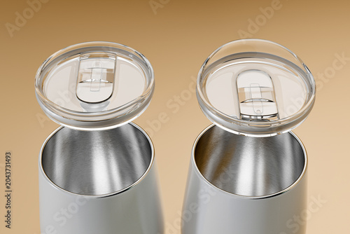 Vacuum Insulated Stainless Steel Tumbler with Brushed Aluminum Finish and Clear Acrylic Lid on Gold Background