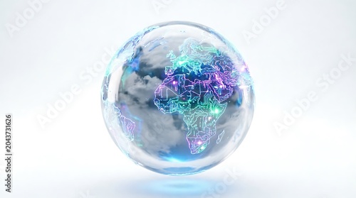 Glass globe of Earth on a blue background showing continents and oceans
