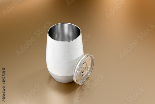 Vacuum Insulated Stainless Steel Tumbler with Brushed Aluminum Finish and Clear Acrylic Lid on Gold Background