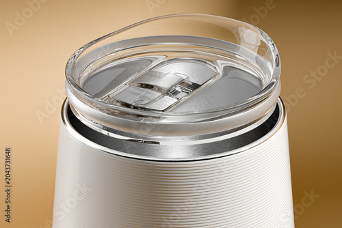 Vacuum Insulated Stainless Steel Tumbler with Brushed Aluminum Finish and Clear Acrylic Lid on Gold Background