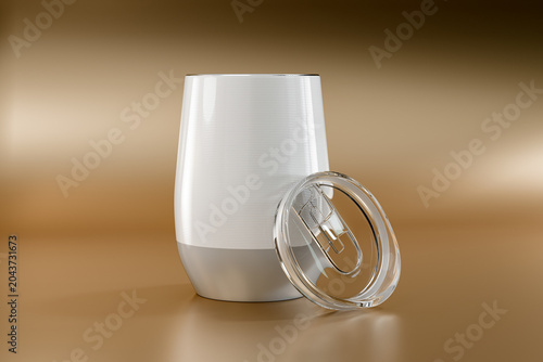 Vacuum Insulated Stainless Steel Tumbler with Brushed Aluminum Finish and Clear Acrylic Lid on Gold Background