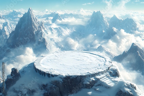 An expansive snow covered circular platform sits majestically high above clouds and mountain ranges