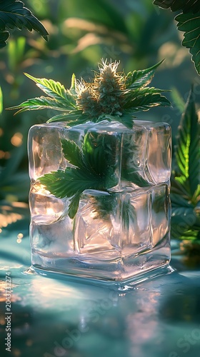 A detailed cannabis bud sits atop two stacked ice blocks containing green leaves