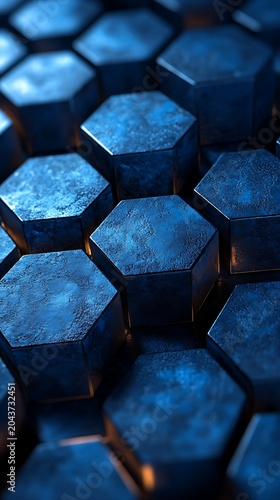 Textured blue hexagonal blocks rise from a dark surface with subtle warm light peeking through