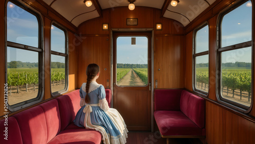 Young Woman in Vintage Dress Riding a Train Through Vineyards