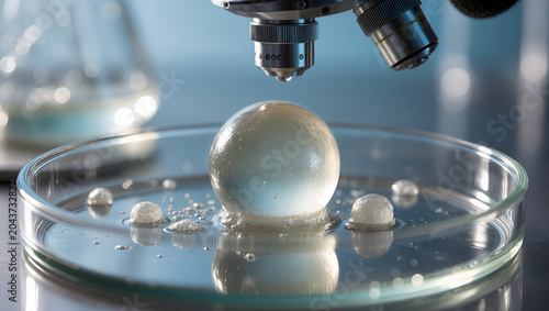 Scientific Experiment with Liquid Sphere in Petri Dish