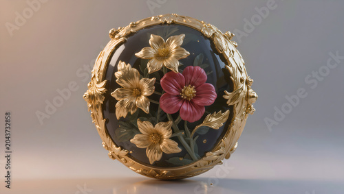 Ornate Golden Floral Medallion with Gemstone Flowers