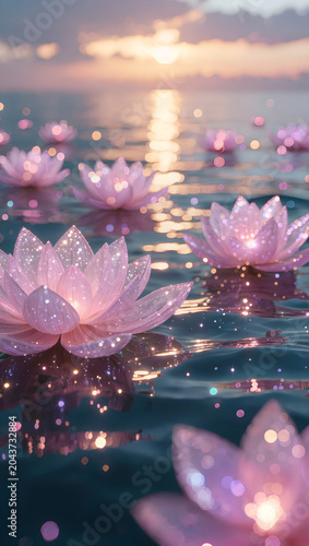 Ethereal Pink Lotus Flowers Floating on Serene Sunset Water