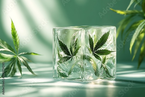 A solid block of clear ice contains delicate green cannabis leaves on a subtly lit surface