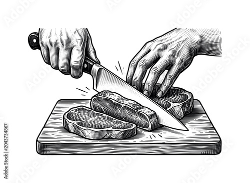 Knife slicing meat engraving illustration with hand-held blade, steak piece and cutting action, knife, meat, slicing, steak, blade