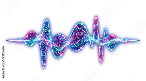 Vibrant sound wave visualization featuring colorful glowing neon lines and sparkling particles, representing audio frequency, music rhythm, digital signal processing, and modern multimedia design.