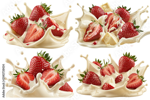 white chocolate splash with strawberries set isolated on white transparent background - design element cut-out object collection