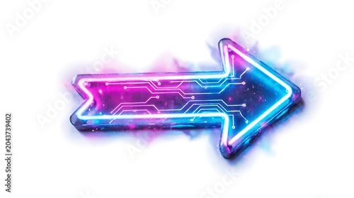 Neon glowing arrow sign featuring intricate electronic circuit board patterns in vibrant blue and magenta, symbolizing digital direction, technological progress, and modern data flow connectivity.