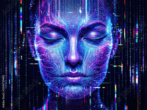 A symmetrical synthetic humanoid face made of neon light and digital particles. Surreal, awakening, slightly unsettling, sense of consciousness forming.