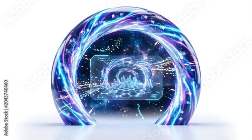 Futuristic digital portal or gateway featuring swirling energy rings and glowing neon light effects, framing a virtual city landscape, symbolizing metaverse, cyberspace, and advanced connectivity.