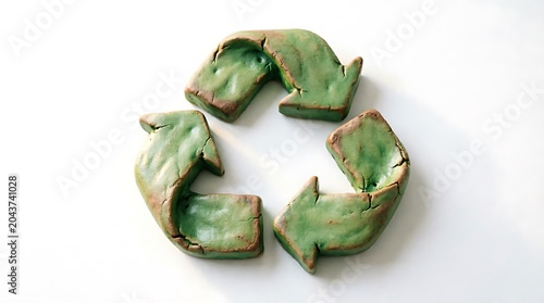 A textured green recycling symbol made of clay or organic material, representing sustainability and eco-friendly practices, isolated on a plain white background for environmental awareness campaigns.