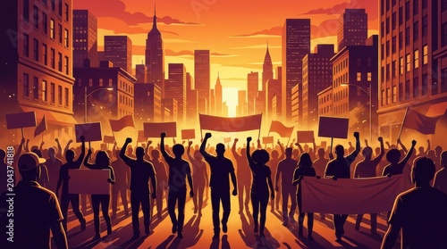 Crowd protesting urban demonstration at dusk skyscrapers people city