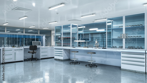Modern scientific laboratory interior with advanced equipment  computers and research workstations  medical and pharmaceutical lab environment. 3D illustration