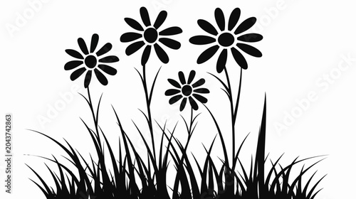 Black and white floral silhouette daisies and grass on a white background