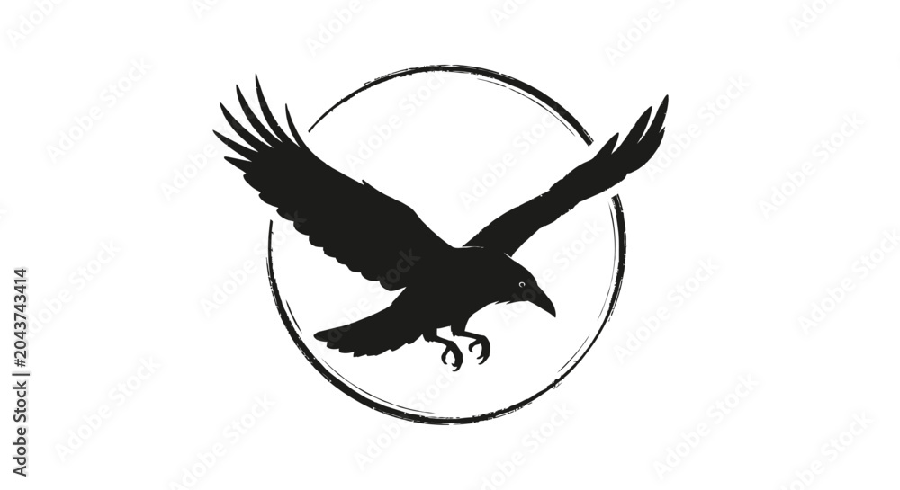 Obraz premium Silhouette of a raven in flight within a circle on a white background