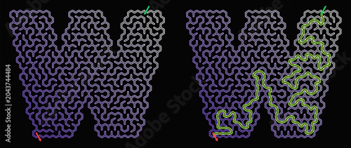 A vector honeycomb maze for children shaped like a letter W on a black background, with the solution
