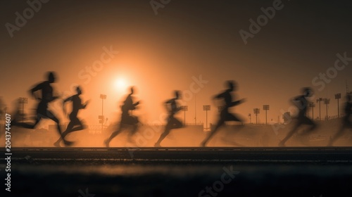 Several people running in a race in the sun setting